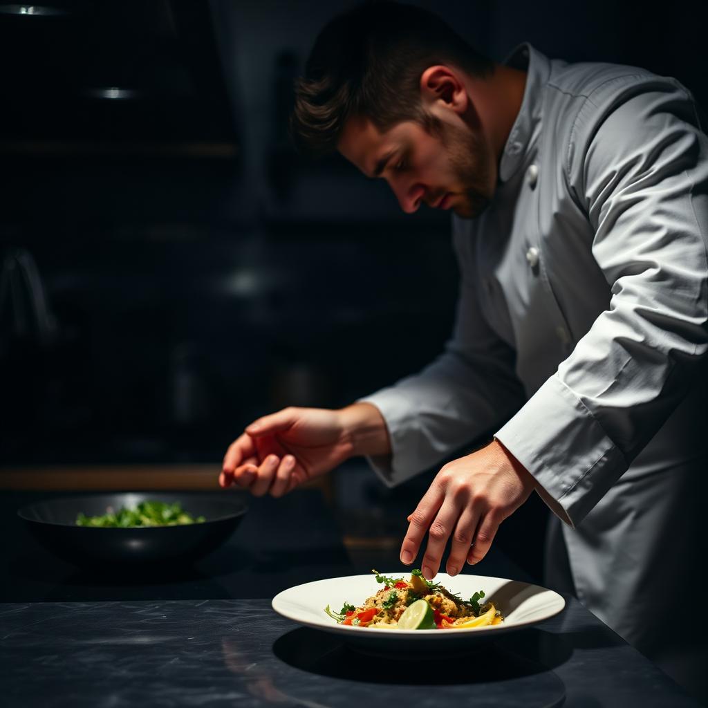 Behind the scenes of a chef plating a dish during a restaurant content shoot