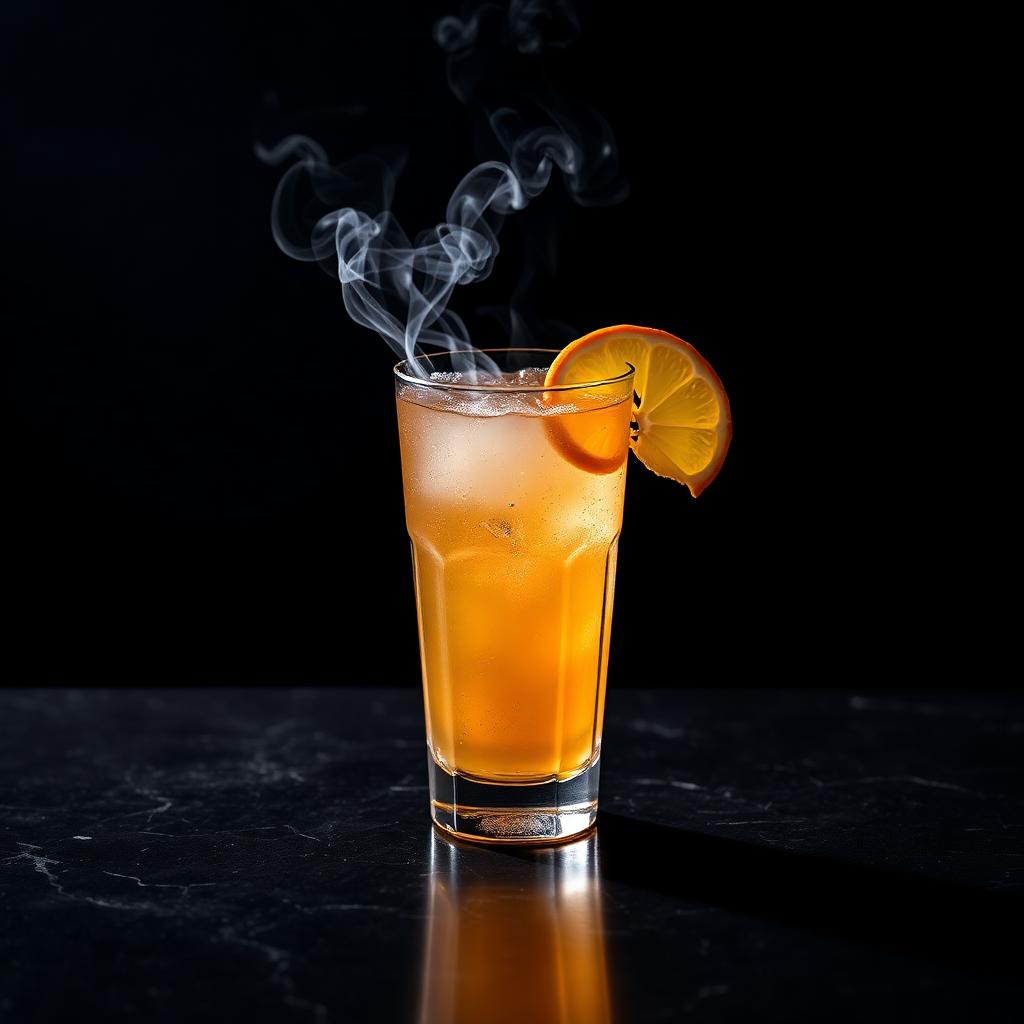 Craft cocktail photographed with dramatic lighting on a dark bar top