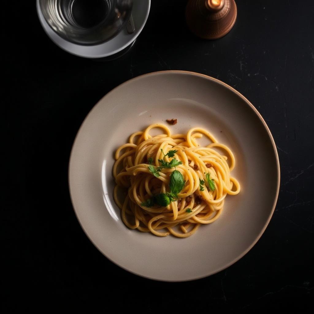 Overhead food photography of a plated pasta dish on a dark table