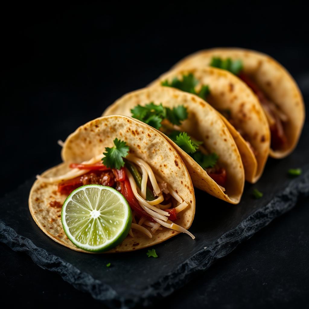 Street tacos with lime and cilantro photographed on dark slate