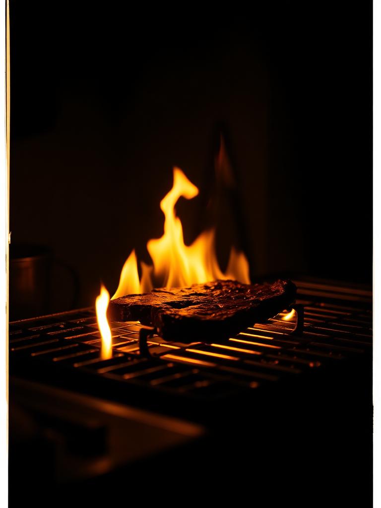 Vertical reel frame of a steak searing on a grill